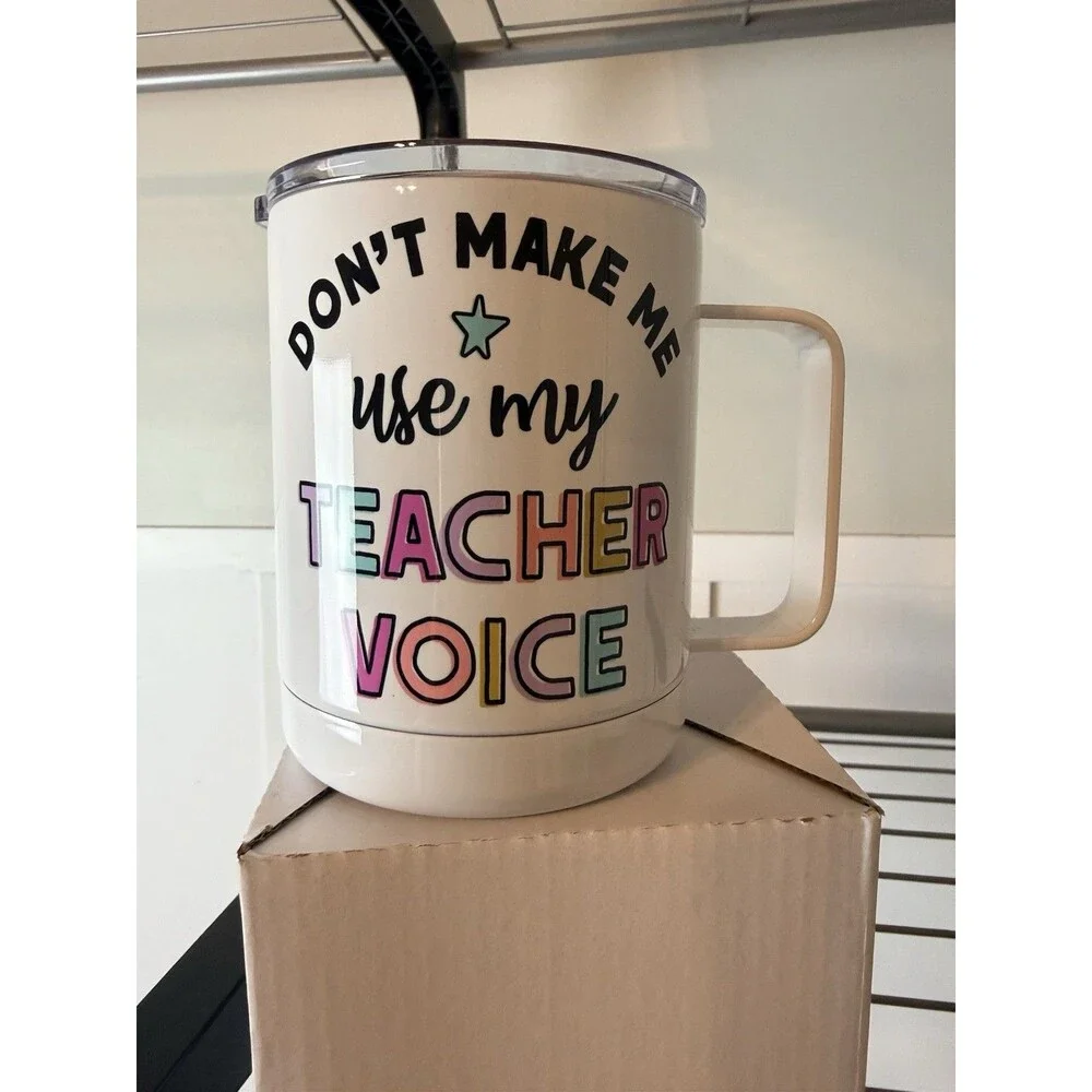 Stainless Steel Vacuum Mug 10oz w/ Handle & Lid Teacher Voice White